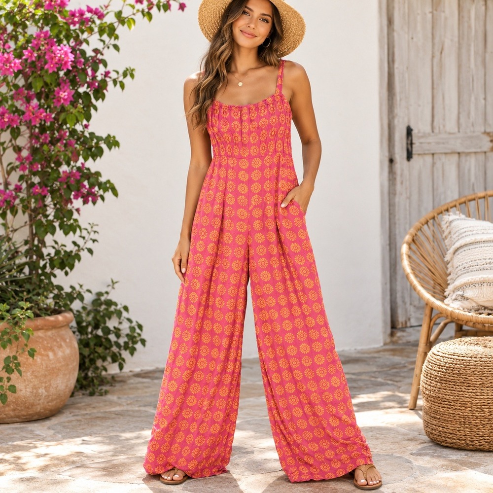 Ecote Urban Outfitters Pink Orange Medallion Wide Leg Jumpsuit Small OB1745039